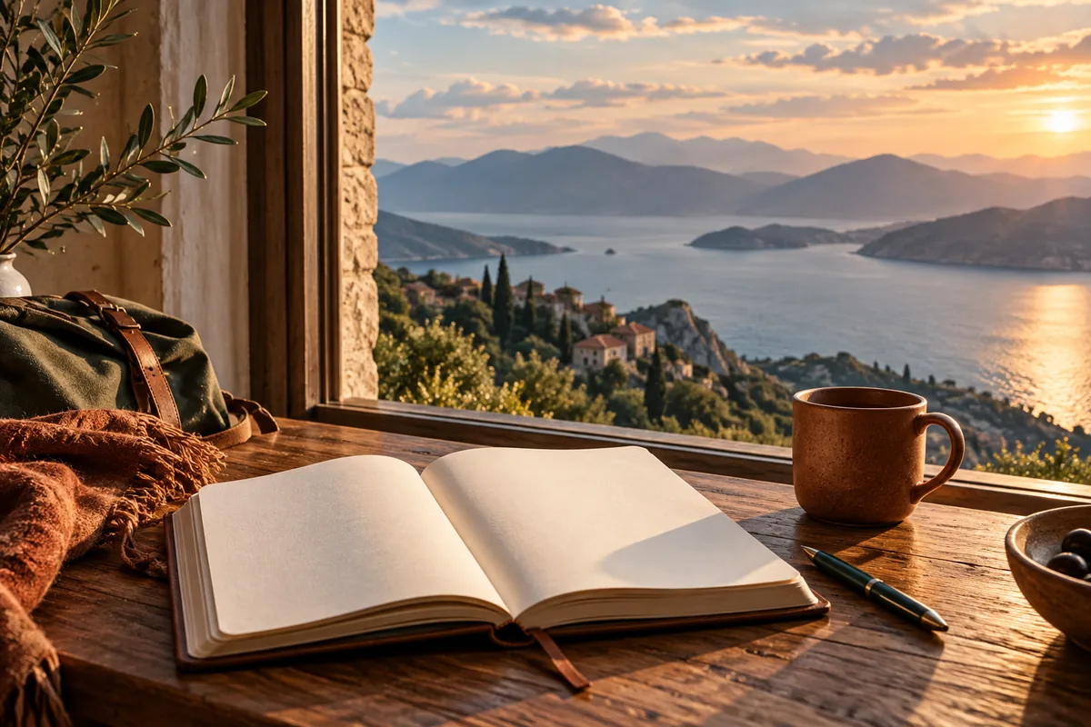 An open travel notebook with a distant landscape