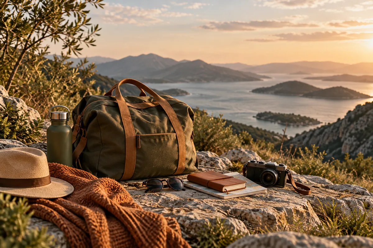 A travel bag resting beside a mountain lake